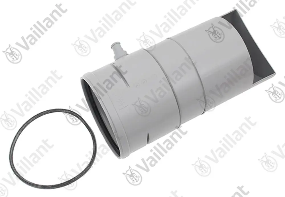 Grauer Schalldämpfer von Vaillant für Abgasführung, mit seitlichem Anschluss und O-Ring. Modell mit erhöhter Effizienz für Heizkessel.